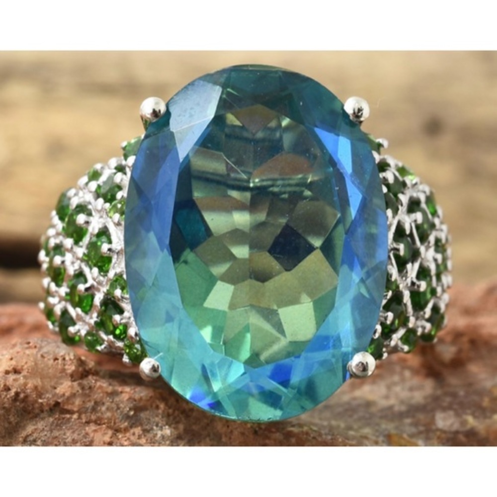 Sterling Silver Peacock Quartz and Emerald Ring Size 6